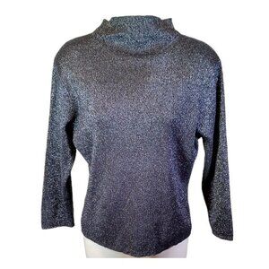 INC Glittery Metallic Blue Mock Neck 3/4 Sleeves Party Top Petite Large PL